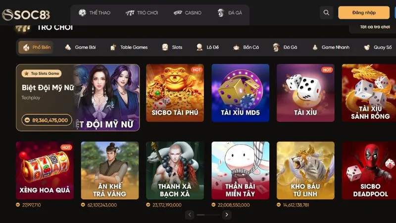 Kho game hấp dẫn thu hút người chơi của SOC88