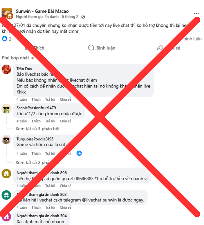 Người đăng ẩn danh nói Sunwin, người cmt xấu cũng ẩn danh, khó mà tin thật